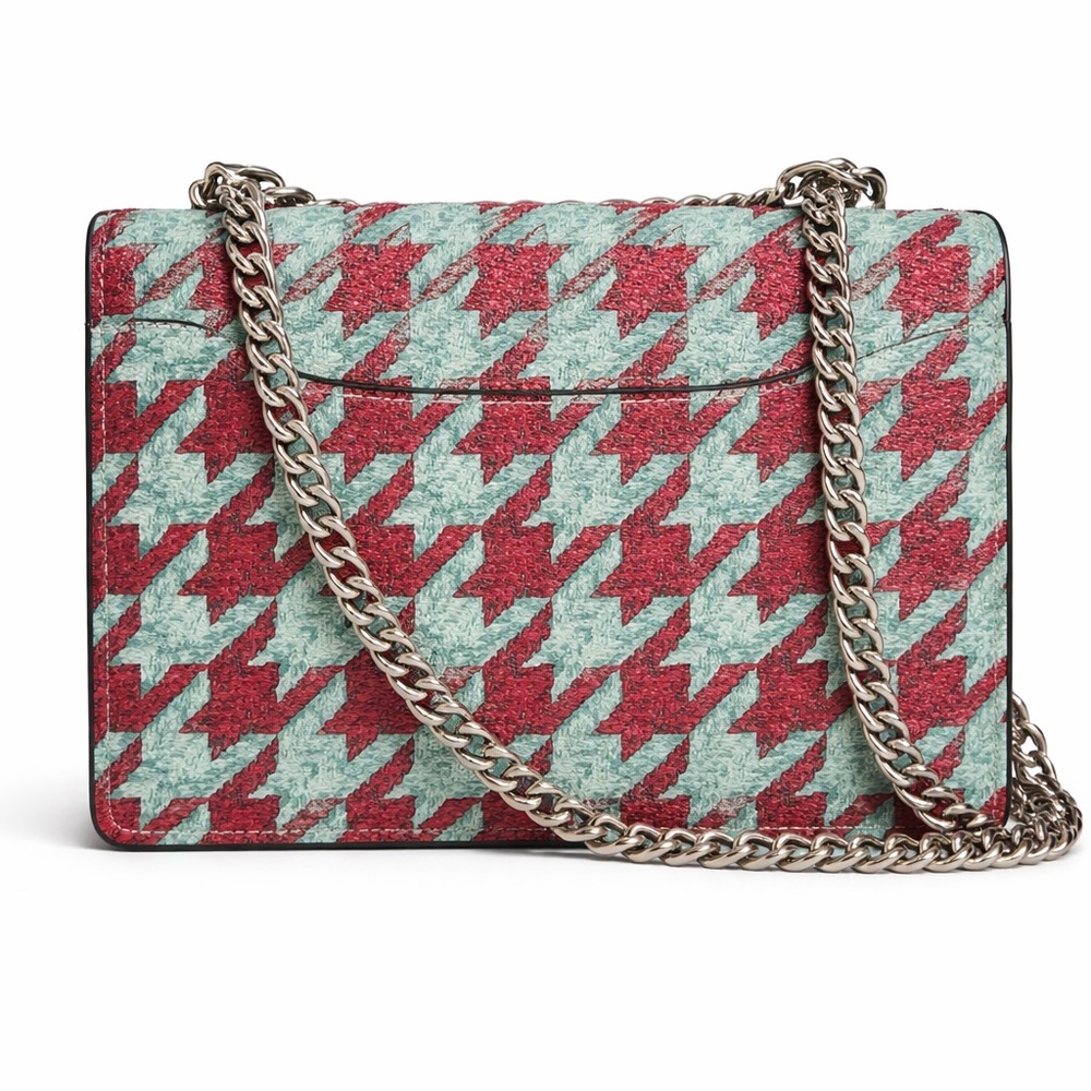 Coach Mini Klare Crossbody Teal/Wine Houndstooth Leather Chain Strap Purse - Picture 3 of 7